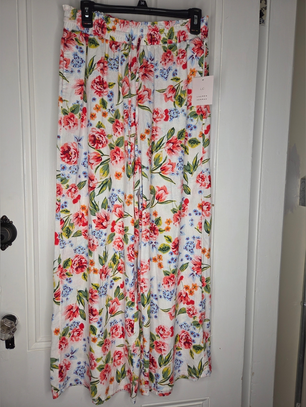 LC Lauren Conrad White Floral Wide-Leg Pull-On Pants